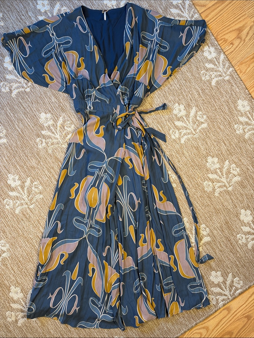 Free People Navy Midi Wrap Dress with Mustard & Blush Print